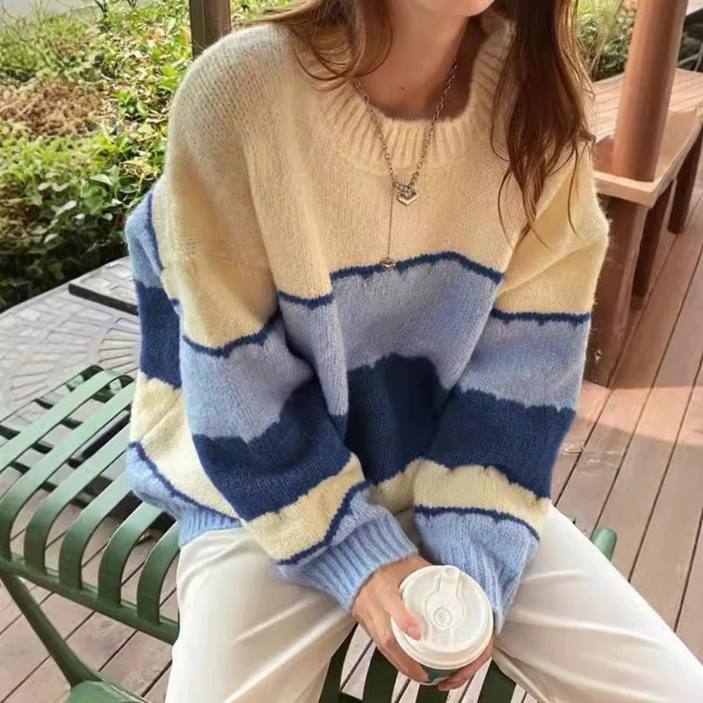 ZARA Womens Striped Color Block Knit Sweater Long Sleeve Crewneck Loose